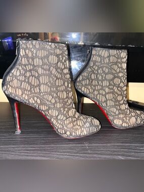 Christian Louboutin Beige Lace-Overlay Ankle Booties with Red Sole